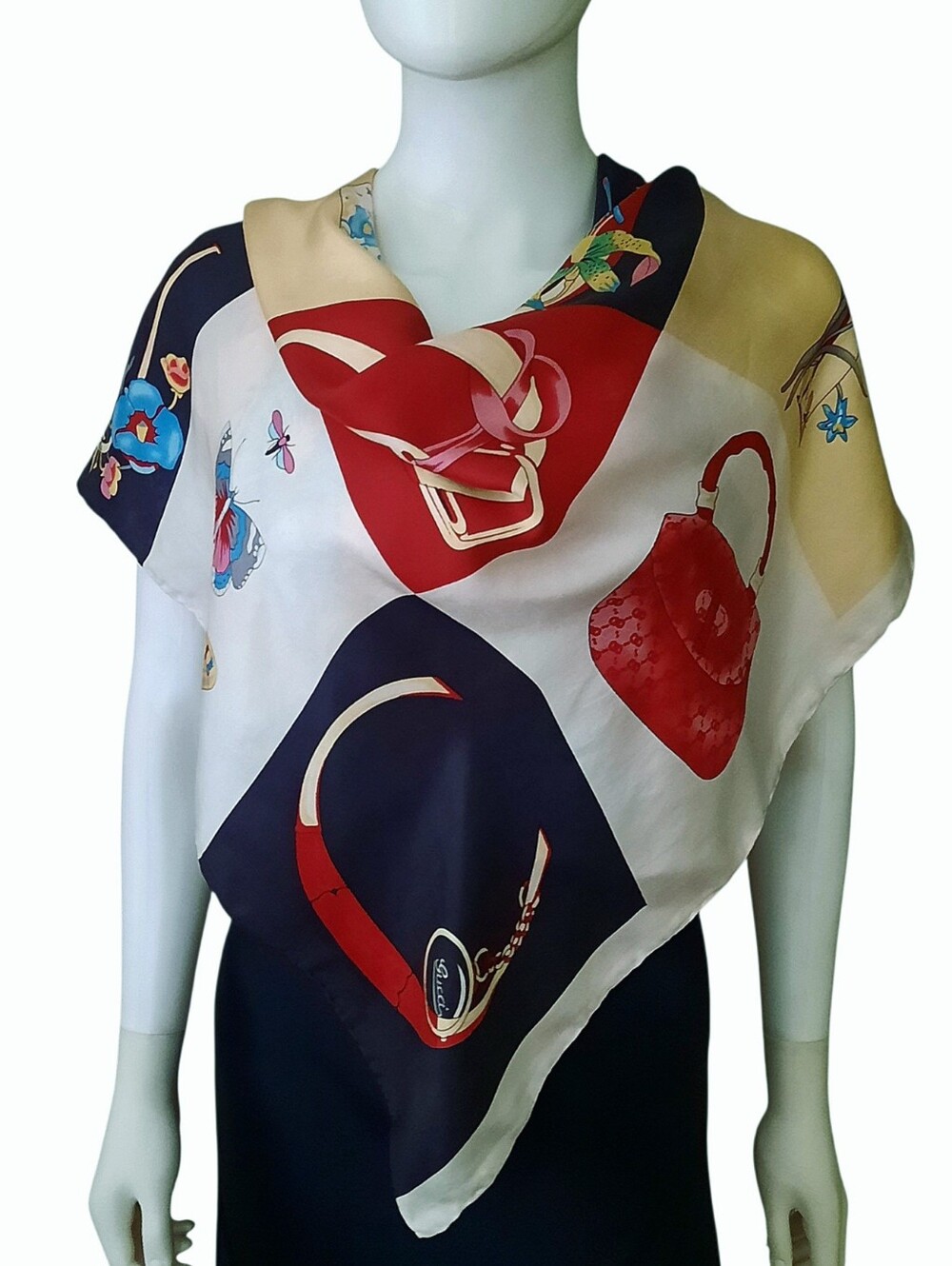 Vintage GUCCI Multi Icons Logo Print Silk Square Scarf 35" Red/Black/Multi - Picture 6 of 14